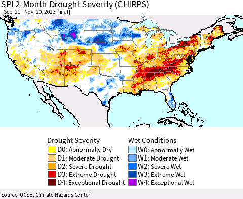 United States SPI 2-Month Drought Severity (CHIRPS) Thematic Map For 9/21/2023 - 11/20/2023