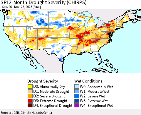 United States SPI 2-Month Drought Severity (CHIRPS) Thematic Map For 9/26/2023 - 11/25/2023