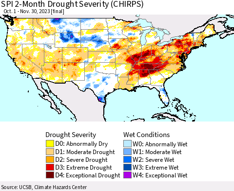 United States SPI 2-Month Drought Severity (CHIRPS) Thematic Map For 10/1/2023 - 11/30/2023