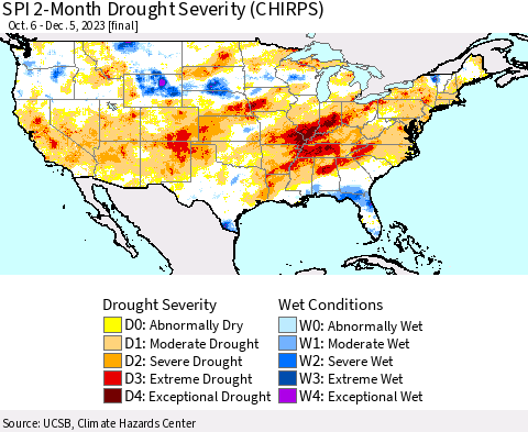 United States SPI 2-Month Drought Severity (CHIRPS) Thematic Map For 10/6/2023 - 12/5/2023