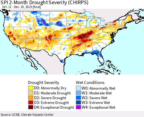United States SPI 2-Month Drought Severity (CHIRPS) Thematic Map For 10/11/2023 - 12/10/2023