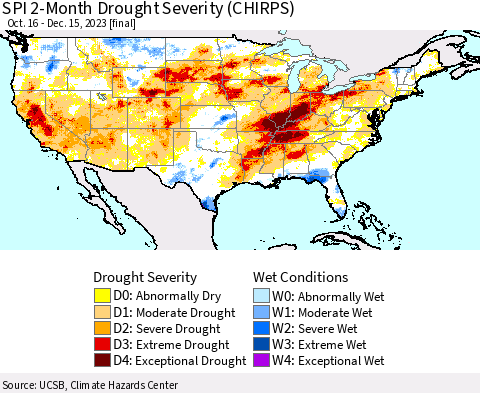 United States SPI 2-Month Drought Severity (CHIRPS) Thematic Map For 10/16/2023 - 12/15/2023