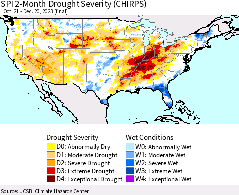 United States SPI 2-Month Drought Severity (CHIRPS) Thematic Map For 10/21/2023 - 12/20/2023