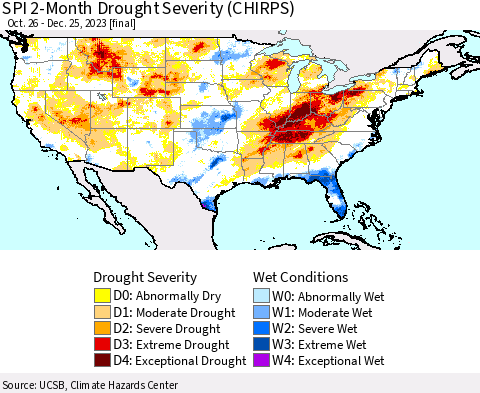 United States SPI 2-Month Drought Severity (CHIRPS) Thematic Map For 10/26/2023 - 12/25/2023