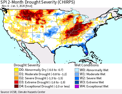 United States SPI 2-Month Drought Severity (CHIRPS) Thematic Map For 11/6/2023 - 1/5/2024
