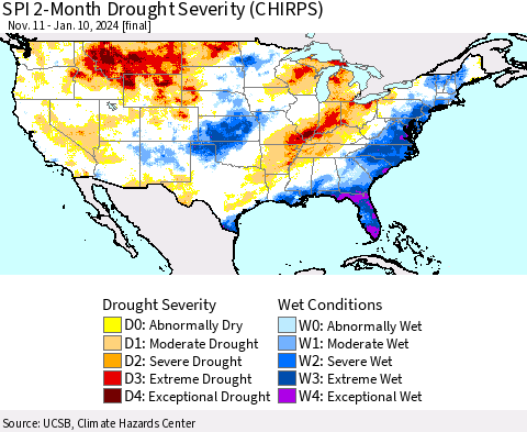 United States SPI 2-Month Drought Severity (CHIRPS) Thematic Map For 11/11/2023 - 1/10/2024