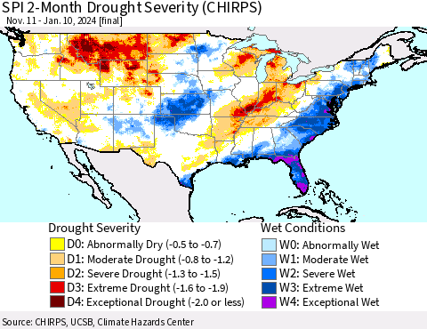 United States SPI 2-Month Drought Severity (CHIRPS) Thematic Map For 11/11/2023 - 1/10/2024