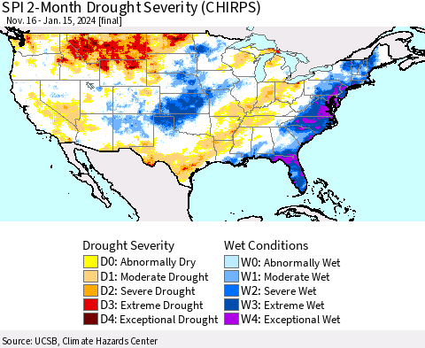 United States SPI 2-Month Drought Severity (CHIRPS) Thematic Map For 11/16/2023 - 1/15/2024