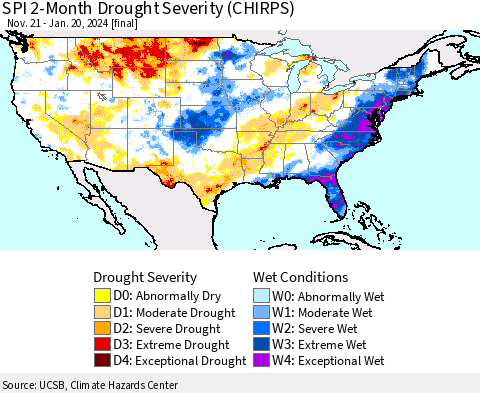 United States SPI 2-Month Drought Severity (CHIRPS) Thematic Map For 11/21/2023 - 1/20/2024