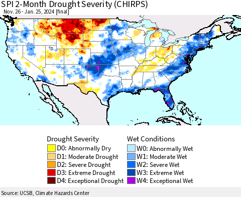 United States SPI 2-Month Drought Severity (CHIRPS) Thematic Map For 11/26/2023 - 1/25/2024