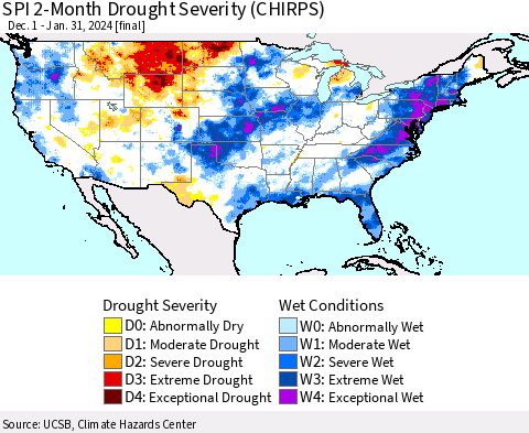 United States SPI 2-Month Drought Severity (CHIRPS) Thematic Map For 12/1/2023 - 1/31/2024