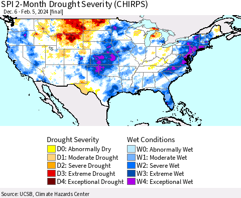 United States SPI 2-Month Drought Severity (CHIRPS) Thematic Map For 12/6/2023 - 2/5/2024