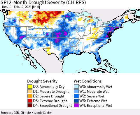 United States SPI 2-Month Drought Severity (CHIRPS) Thematic Map For 12/11/2023 - 2/10/2024