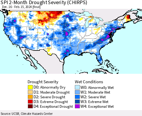 United States SPI 2-Month Drought Severity (CHIRPS) Thematic Map For 12/16/2023 - 2/15/2024