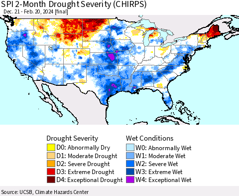 United States SPI 2-Month Drought Severity (CHIRPS) Thematic Map For 12/21/2023 - 2/20/2024