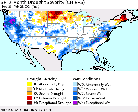 United States SPI 2-Month Drought Severity (CHIRPS) Thematic Map For 12/26/2023 - 2/25/2024