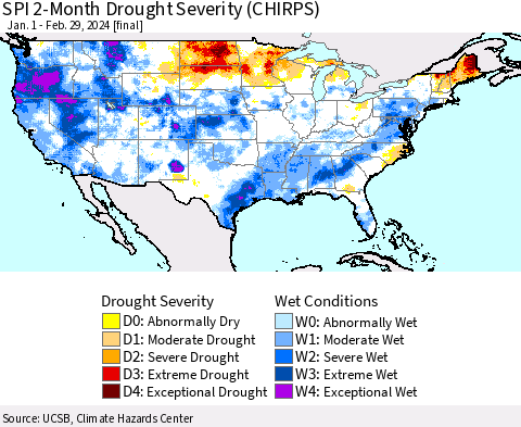 United States SPI 2-Month Drought Severity (CHIRPS) Thematic Map For 1/1/2024 - 2/29/2024