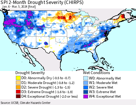 United States SPI 2-Month Drought Severity (CHIRPS) Thematic Map For 1/6/2024 - 3/5/2024