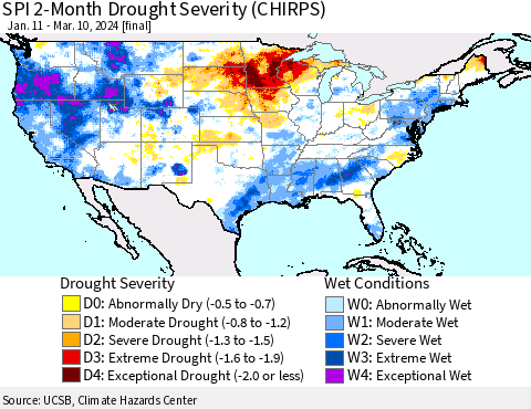 United States SPI 2-Month Drought Severity (CHIRPS) Thematic Map For 1/11/2024 - 3/10/2024