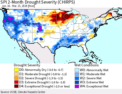United States SPI 2-Month Drought Severity (CHIRPS) Thematic Map For 1/16/2024 - 3/15/2024