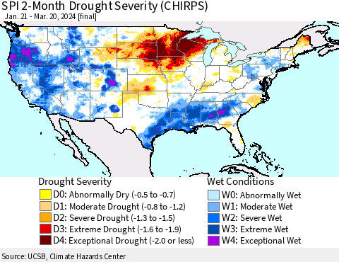 United States SPI 2-Month Drought Severity (CHIRPS) Thematic Map For 1/21/2024 - 3/20/2024