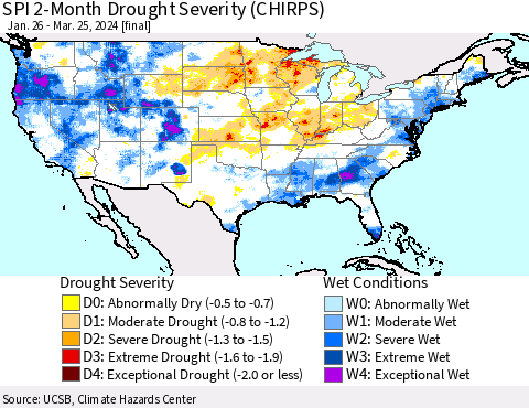 United States SPI 2-Month Drought Severity (CHIRPS) Thematic Map For 1/26/2024 - 3/25/2024
