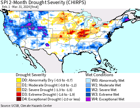 United States SPI 2-Month Drought Severity (CHIRPS) Thematic Map For 2/1/2024 - 3/31/2024