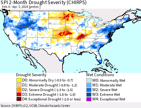 United States SPI 2-Month Drought Severity (CHIRPS) Thematic Map For 2/6/2024 - 4/5/2024