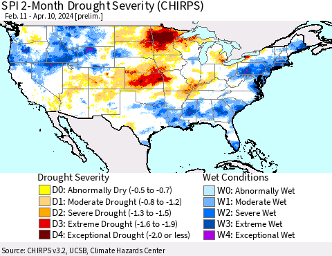 United States SPI 2-Month Drought Severity (CHIRPS) Thematic Map For 2/11/2024 - 4/10/2024