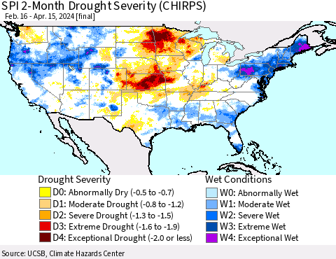 United States SPI 2-Month Drought Severity (CHIRPS) Thematic Map For 2/16/2024 - 4/15/2024
