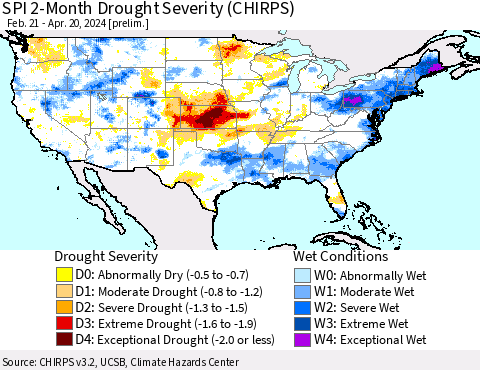 United States SPI 2-Month Drought Severity (CHIRPS) Thematic Map For 2/21/2024 - 4/20/2024