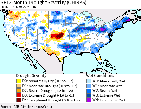 United States SPI 2-Month Drought Severity (CHIRPS) Thematic Map For 3/1/2024 - 4/30/2024