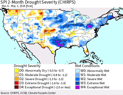 United States SPI 2-Month Drought Severity (CHIRPS) Thematic Map For 3/6/2024 - 5/5/2024
