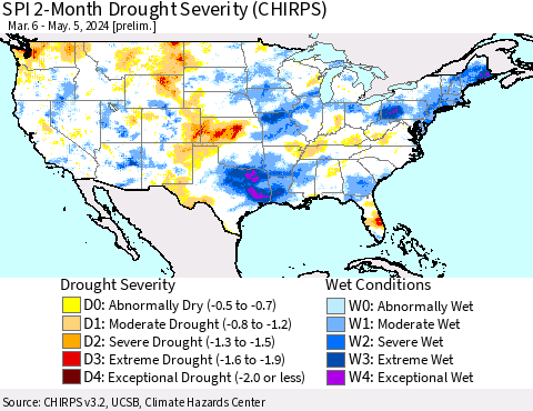 United States SPI 2-Month Drought Severity (CHIRPS) Thematic Map For 3/6/2024 - 5/5/2024