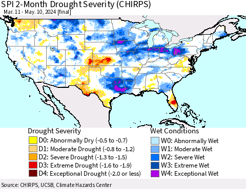 United States SPI 2-Month Drought Severity (CHIRPS) Thematic Map For 3/11/2024 - 5/10/2024