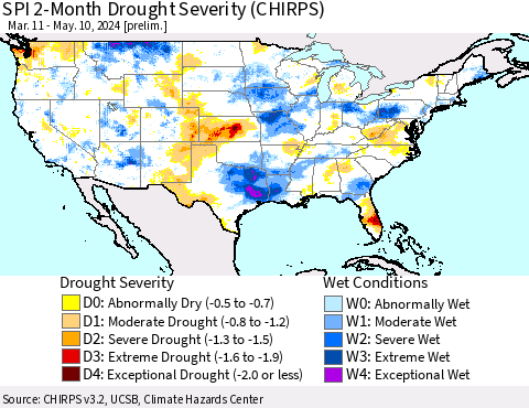 United States SPI 2-Month Drought Severity (CHIRPS) Thematic Map For 3/11/2024 - 5/10/2024