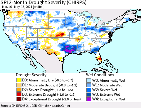United States SPI 2-Month Drought Severity (CHIRPS) Thematic Map For 3/16/2024 - 5/15/2024