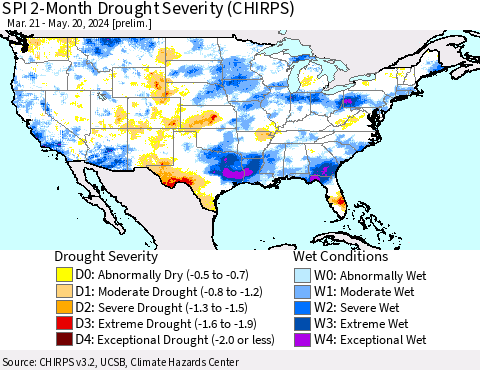 United States SPI 2-Month Drought Severity (CHIRPS) Thematic Map For 3/21/2024 - 5/20/2024