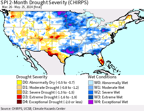 United States SPI 2-Month Drought Severity (CHIRPS) Thematic Map For 3/26/2024 - 5/25/2024