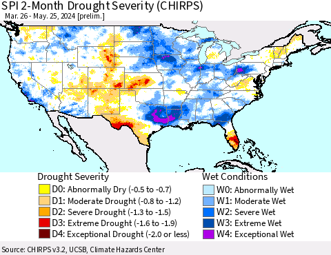United States SPI 2-Month Drought Severity (CHIRPS) Thematic Map For 3/26/2024 - 5/25/2024