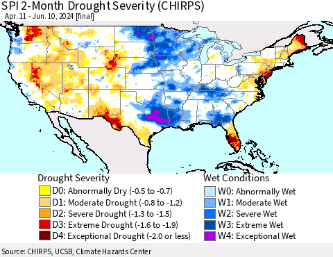 United States SPI 2-Month Drought Severity (CHIRPS) Thematic Map For 4/11/2024 - 6/10/2024