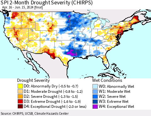 United States SPI 2-Month Drought Severity (CHIRPS) Thematic Map For 4/16/2024 - 6/15/2024