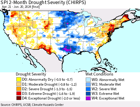 United States SPI 2-Month Drought Severity (CHIRPS) Thematic Map For 4/21/2024 - 6/20/2024
