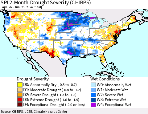 United States SPI 2-Month Drought Severity (CHIRPS) Thematic Map For 4/26/2024 - 6/25/2024