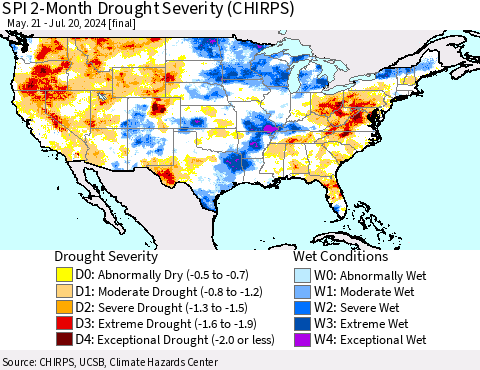 United States SPI 2-Month Drought Severity (CHIRPS) Thematic Map For 5/21/2024 - 7/20/2024