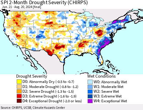 United States SPI 2-Month Drought Severity (CHIRPS) Thematic Map For 6/21/2024 - 8/20/2024