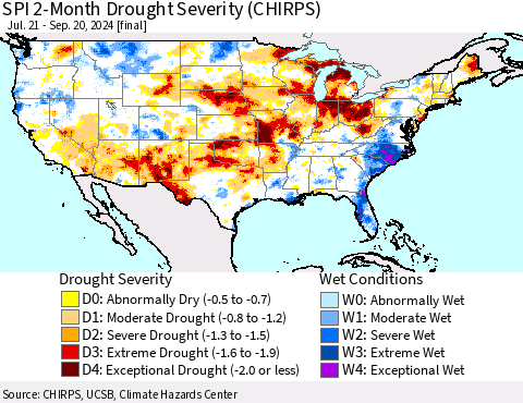 United States SPI 2-Month Drought Severity (CHIRPS) Thematic Map For 7/21/2024 - 9/20/2024