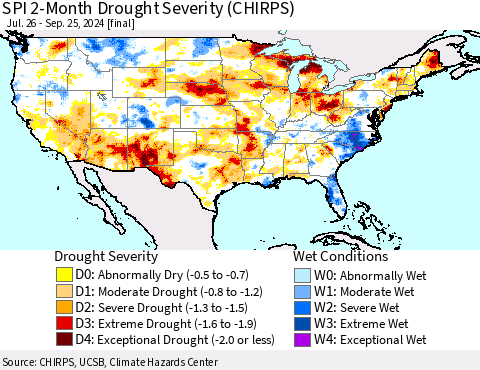 United States SPI 2-Month Drought Severity (CHIRPS) Thematic Map For 7/26/2024 - 9/25/2024