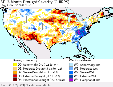 United States SPI 2-Month Drought Severity (CHIRPS) Thematic Map For 8/1/2024 - 9/30/2024