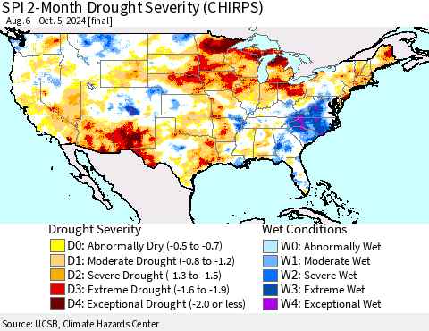 United States SPI 2-Month Drought Severity (CHIRPS) Thematic Map For 8/6/2024 - 10/5/2024